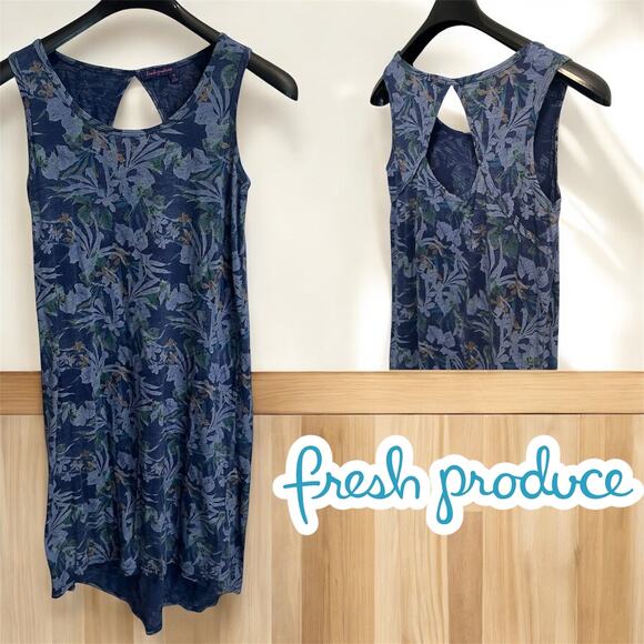 Fresh‎ Produce Sleeveless Cotton Midi Dress Blue Tropical Pattern Boho Size XS - Picture 1 of 12